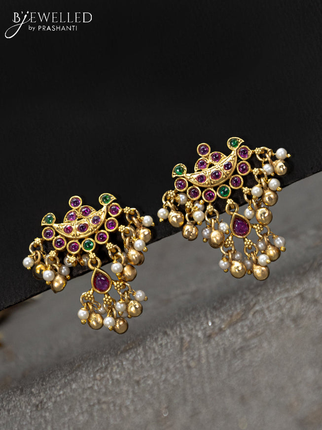 Antique earrings chandbali design with kemp stones and pearl hangings
