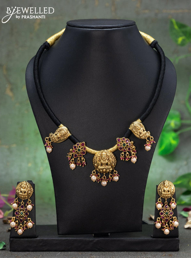 Black thread necklace kemp stones with lakshmi pendant and pearl hangings