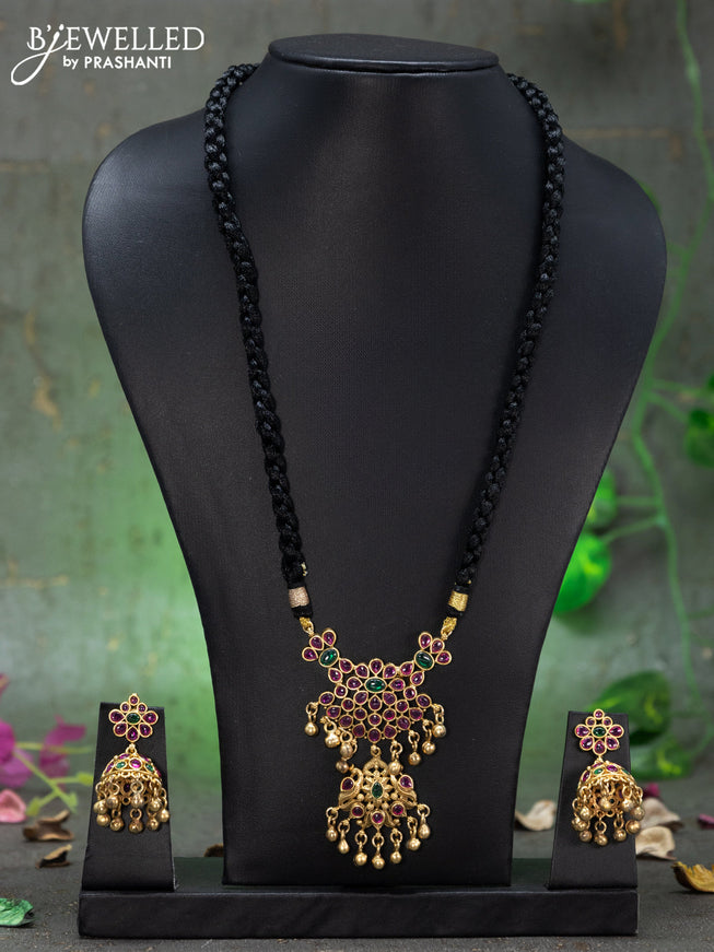 Black thread necklace peacock design with kemp stones and golden beads hangings