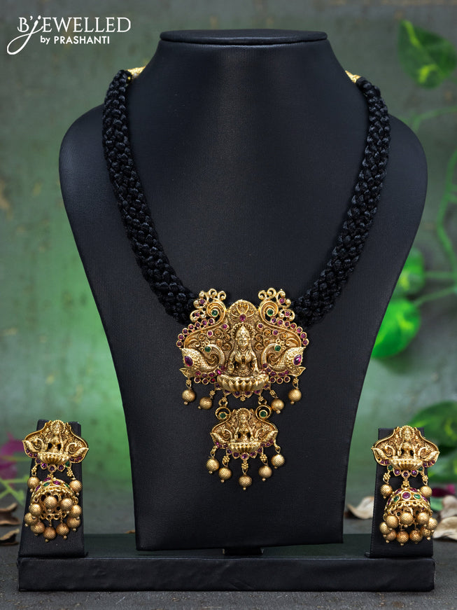 Black thread necklace kemp stones with lakshmi pendant and golden beads hangings