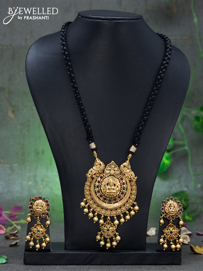 Black thread necklace kemp stones with lakshmi pendant and golden beads hangings