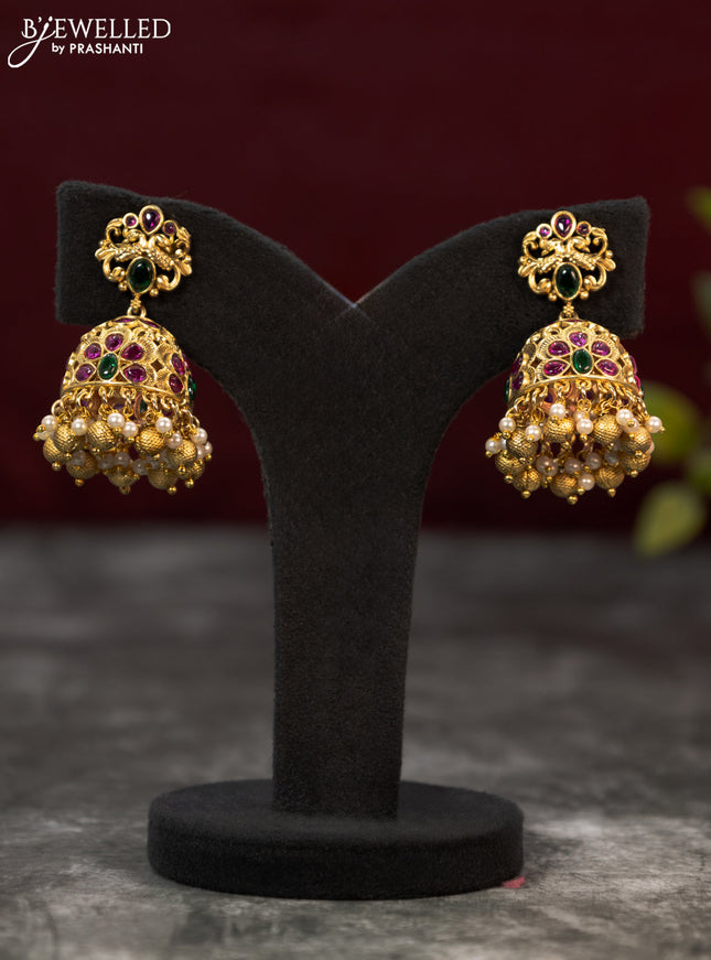 Antique jhumka with kemp stones and golden beads hangings