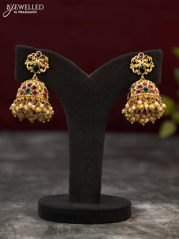 Antique jhumka with kemp stones and golden beads hangings