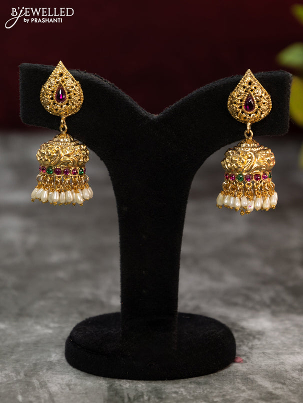 Antique jhumka with kemp stones and pearl hangings