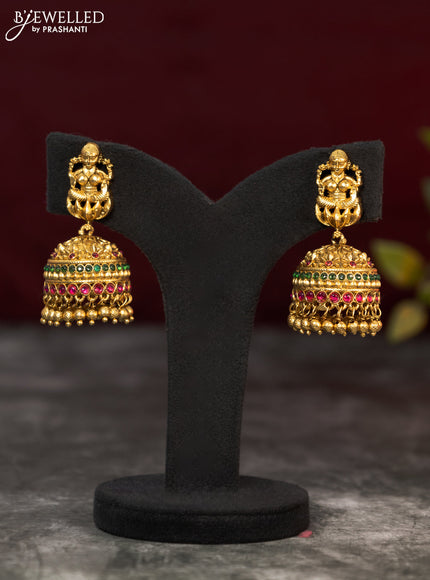 Antique jhumka lakshmi design with kemp stones and golden beads  hangings