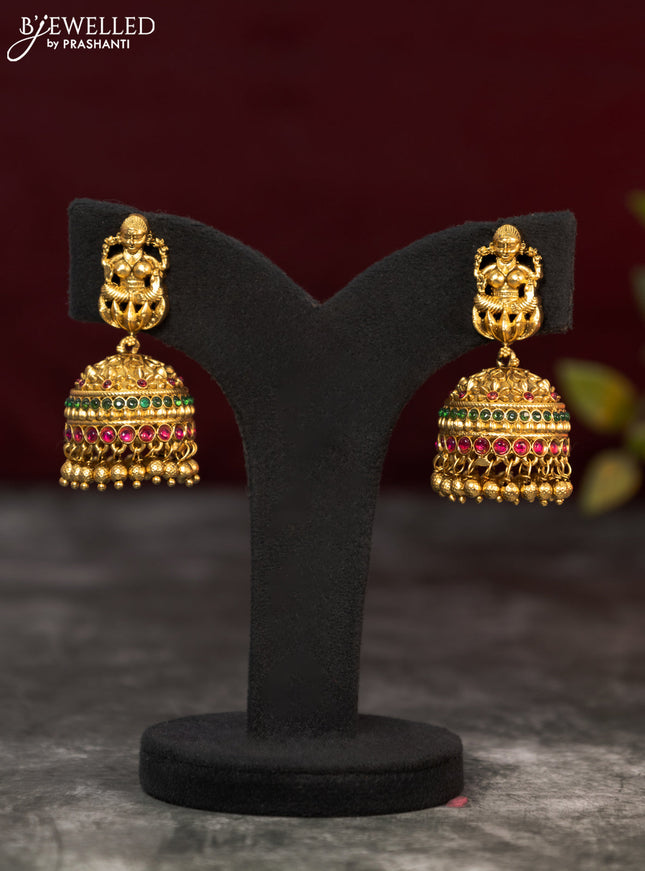 Antique jhumka lakshmi design with kemp stones and golden beads  hangings