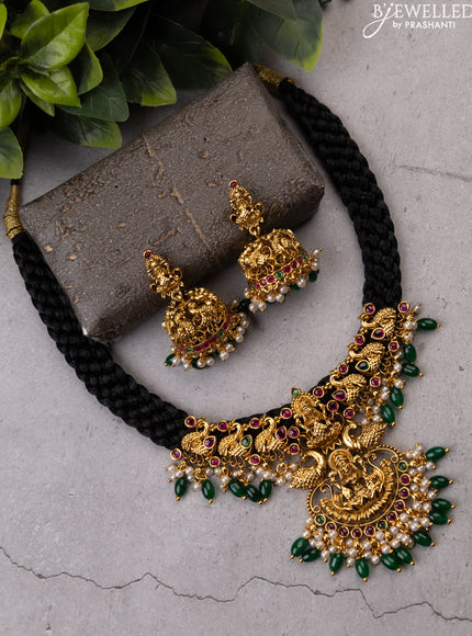 Black thread necklace lakshmi design with kemp stones and green beads hanging