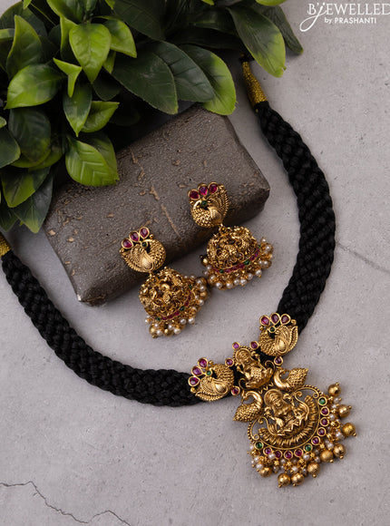 Black thread necklace lakshmi design with kemp stones and pearl & golden beads hanging