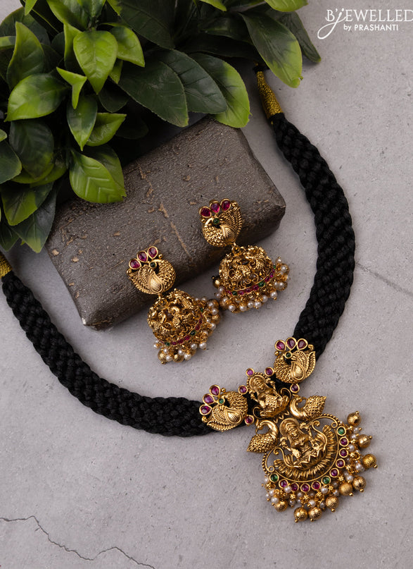 Black thread necklace lakshmi design with kemp stones and pearl & golden beads hanging