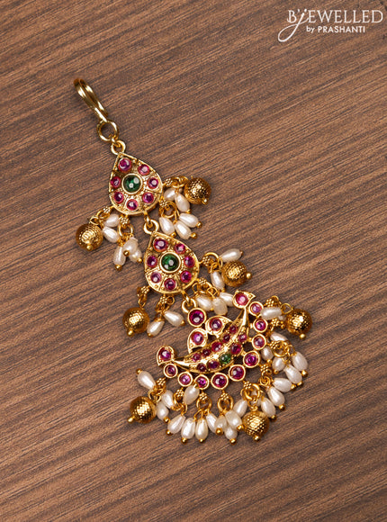 Antique maang tikka chandbali design with kemp stones and pearl & golden beads hanging