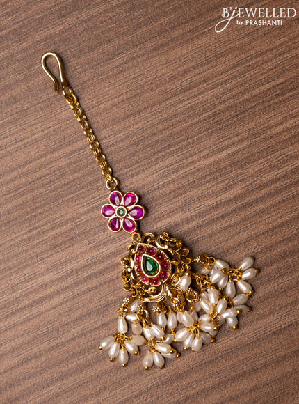Antique maang tikka with kemp stones and pearl hangings