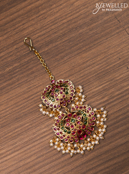 Antique maang tikka with kemp stones and pearl hangings