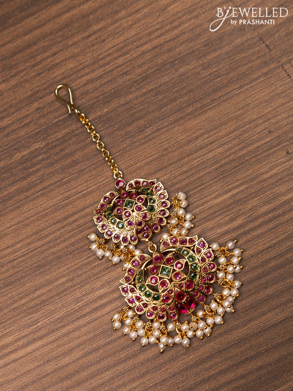 Antique maang tikka with kemp stones and pearl hangings