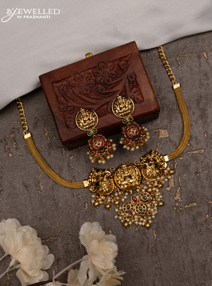 Antique attigai necklace lakshmi design with kemp stones and pearl & golden beads hanging