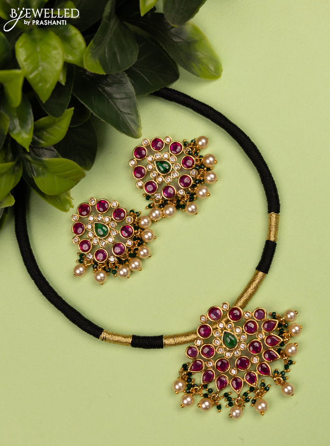 Black thread necklace with kemp & cz stones and pearl hangings