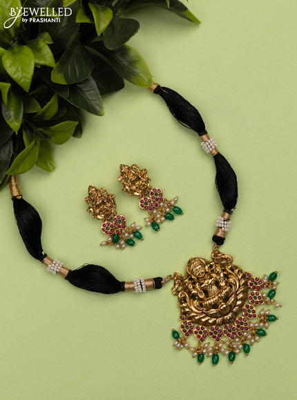 Black thread necklace lakshmi design with kemp stones and pearl & beads hanging