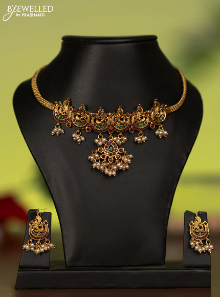 Antique attigai necklace peacock & chandbali design with kemp stones and pearl hangings