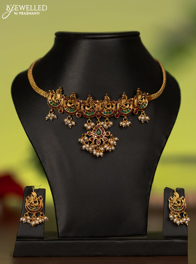 Antique attigai necklace peacock & chandbali design with kemp stones and pearl hangings