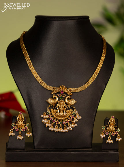 Antique attigai necklace lakshmi design with kemp stones and pearl hangings