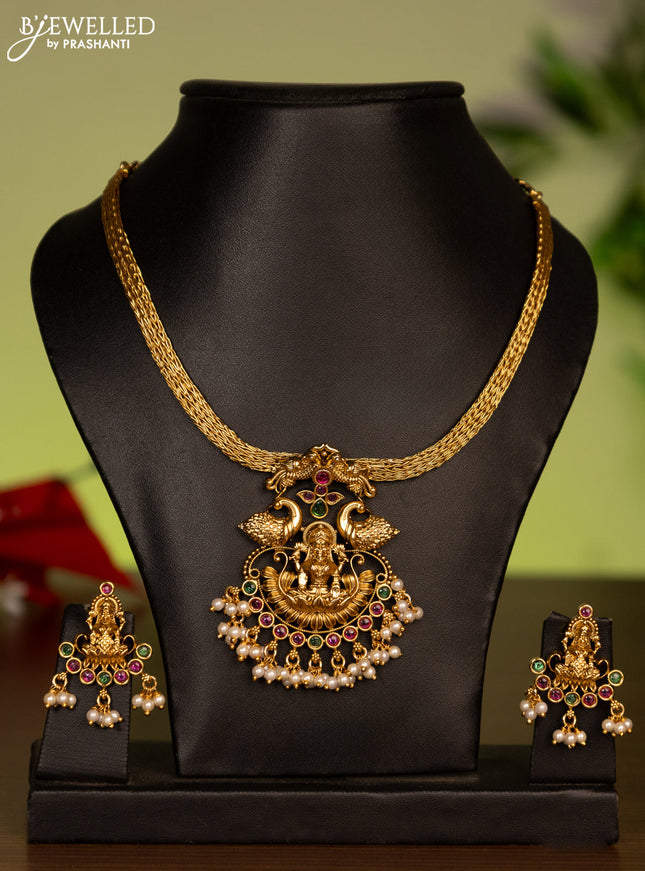 Antique attigai necklace lakshmi design with kemp stones and pearl hangings