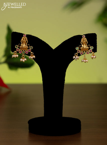 Antique attigai necklace lakshmi design with kemp stones and pearl hangings