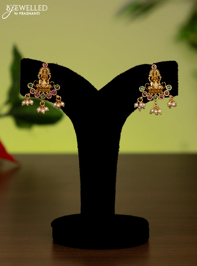 Antique attigai necklace lakshmi design with kemp stones and pearl hangings