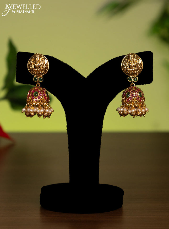 Antique attigai necklace lakshmi design with kemp stones and pearl & golden beads hanging