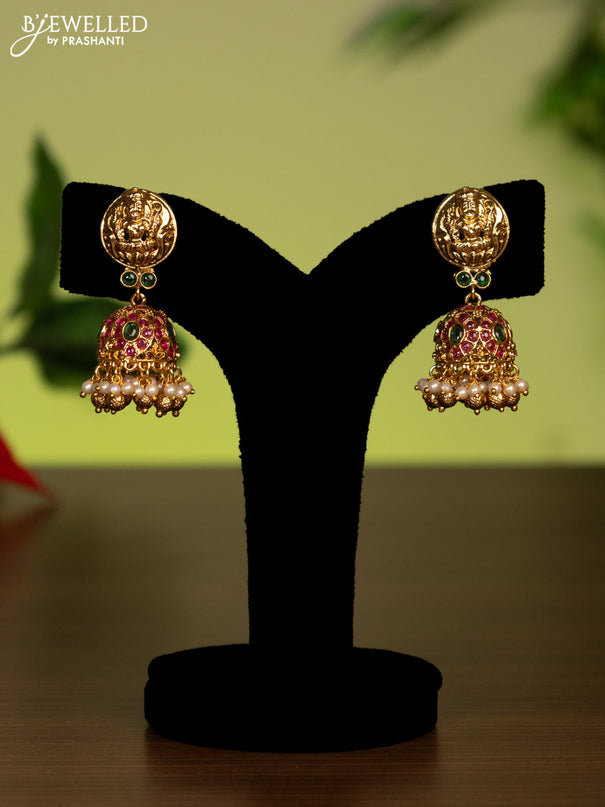 Antique attigai necklace lakshmi design with kemp stones and pearl & golden beads hanging