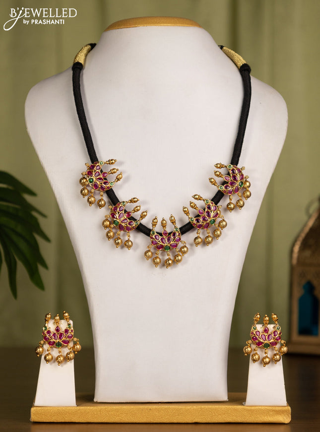 Black thread necklace chandbali design with kemp stones golden beads hanging