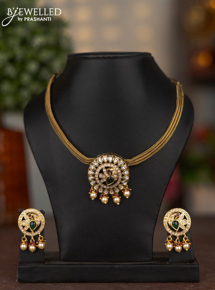 Antique attigai necklace peacock design with kemp & kundan stones and pearl hangings