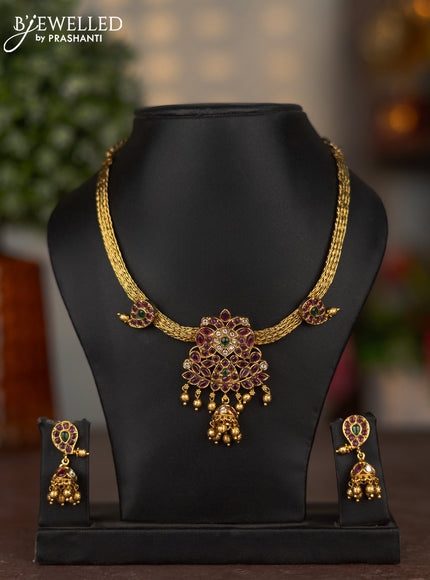 Antique attigai necklace manga pattern with kemp & cz stones and golden beads hangings