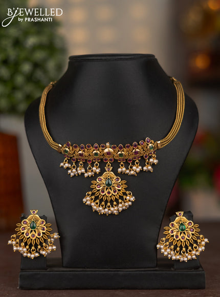 Antique attigai necklace with kemp stones and pearl & golden beads hangings