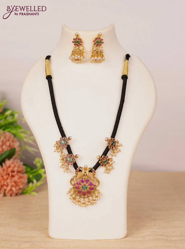 Black thread necklace peacock design with kemp stones and pearl hangings