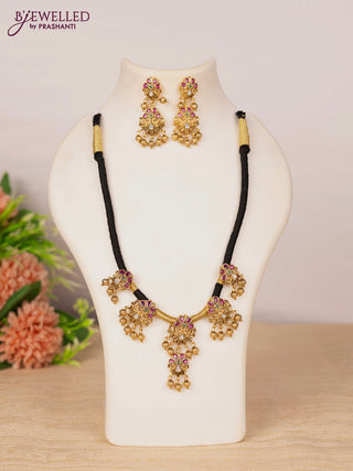Black thread necklace peacock design with kemp & kundan stones and golden beads hangings