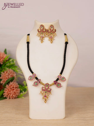 Black thread necklace manga pattern with kemp & kundan stones and pearl & golden beads hangings