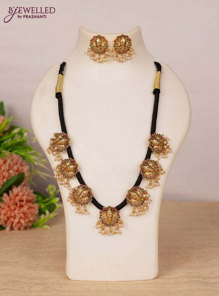 Black thread necklace ganesha design with kemp stones and pearl hangings