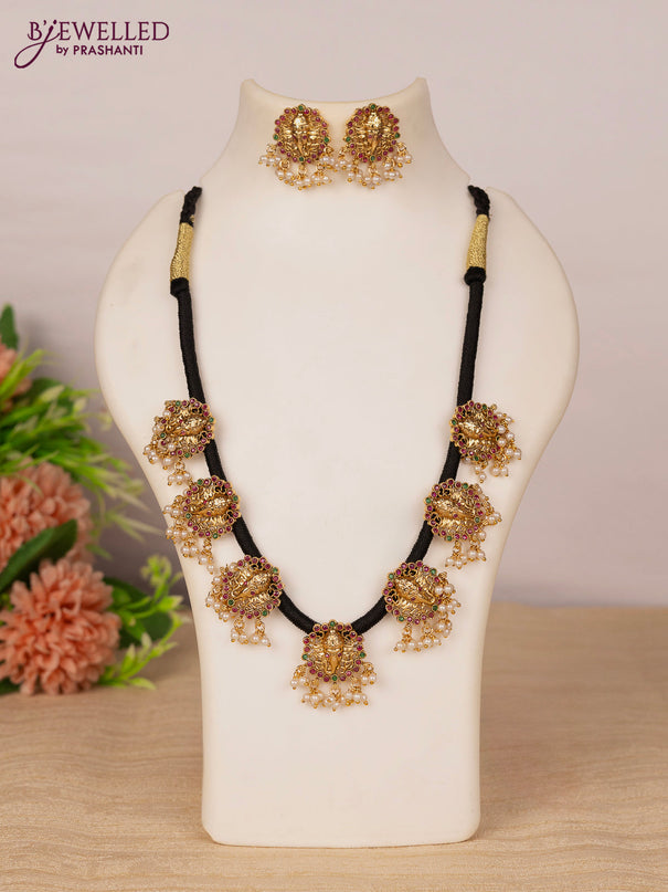 Black thread necklace ganesha design with kemp stones and pearl hangings