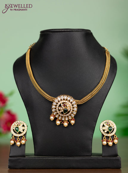Antique attigai necklace in peacock design with white stones and pearl hanging