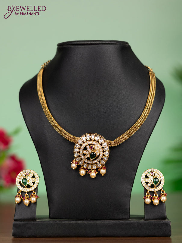 Antique attigai necklace in peacock design with white stones and pearl hanging