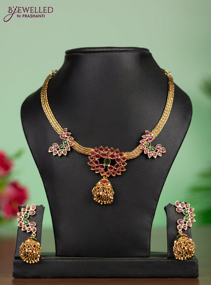 Antique attigai necklace in jhumka design with kemp and green stones