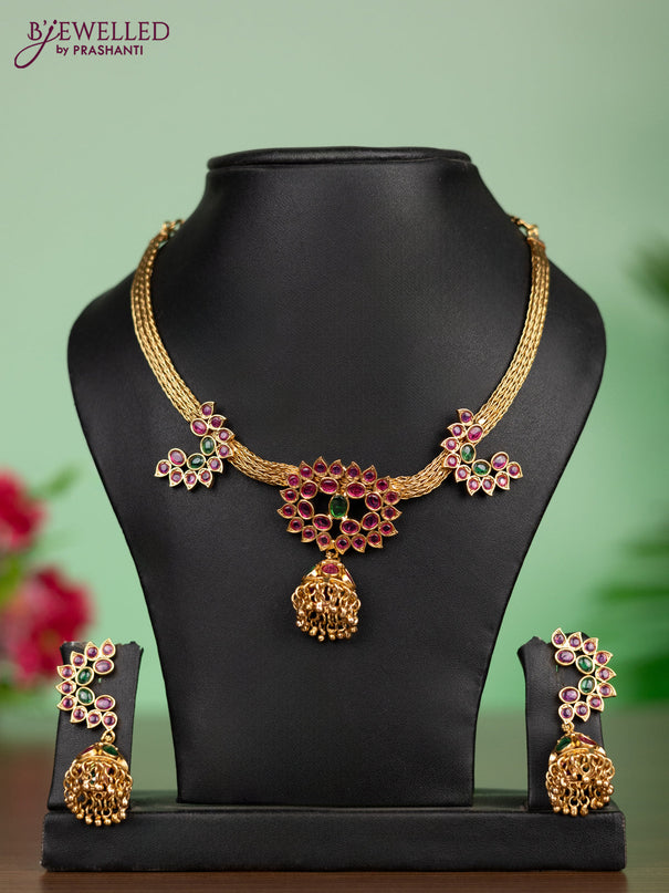 Antique attigai necklace in jhumka design with kemp and green stones