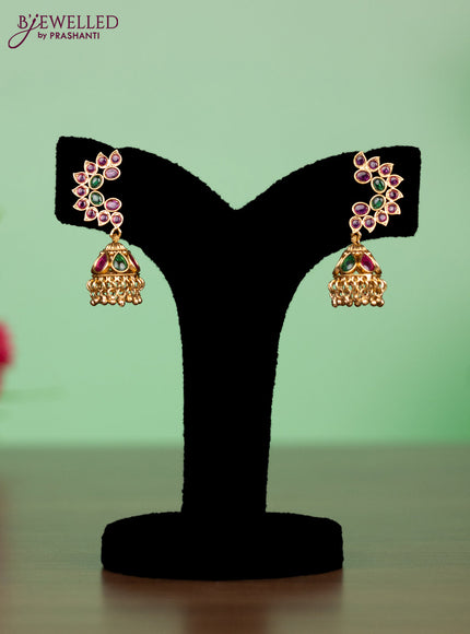 Antique attigai necklace in jhumka design with kemp and green stones
