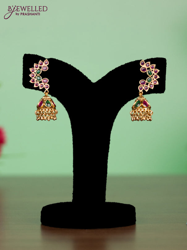 Antique attigai necklace in jhumka design with kemp and green stones