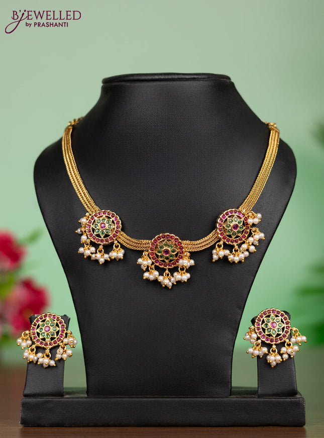 Antique attigai necklace in circle floral design with kemp stones and pearl hanging