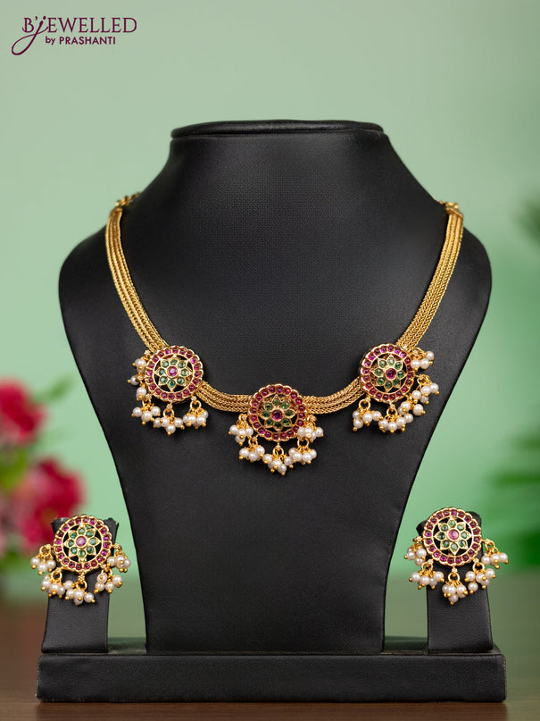 Antique attigai necklace in circle floral design with kemp stones and pearl hanging