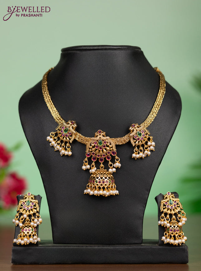 Antique attigai necklace in double peacock design with kemp stones and pearl hanging