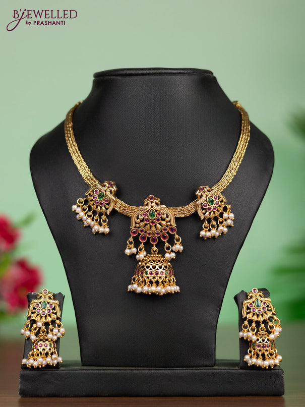 Antique attigai necklace in double peacock design with kemp stones and pearl hanging