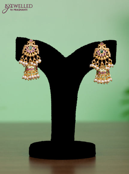 Antique attigai necklace in double peacock design with kemp stones and pearl hanging