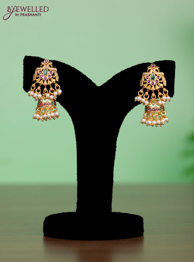 Antique attigai necklace in double peacock design with kemp stones and pearl hanging