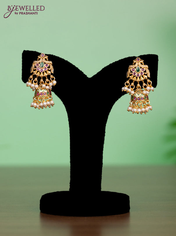 Antique attigai necklace in double peacock design with kemp stones and pearl hanging